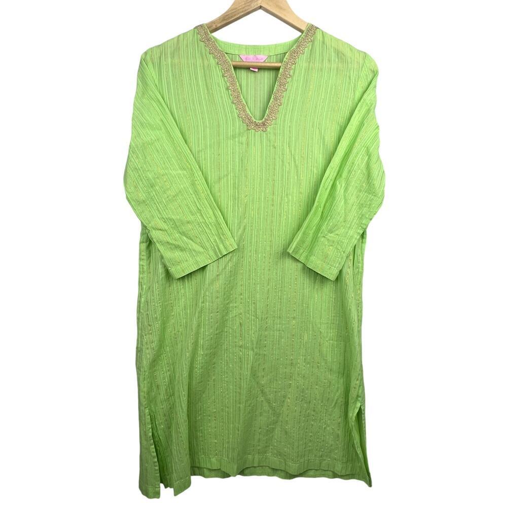 Lilly Pulitzer S Green Crinkle Gold Stripe Tunic Cover Up Metallic Gold Stripe